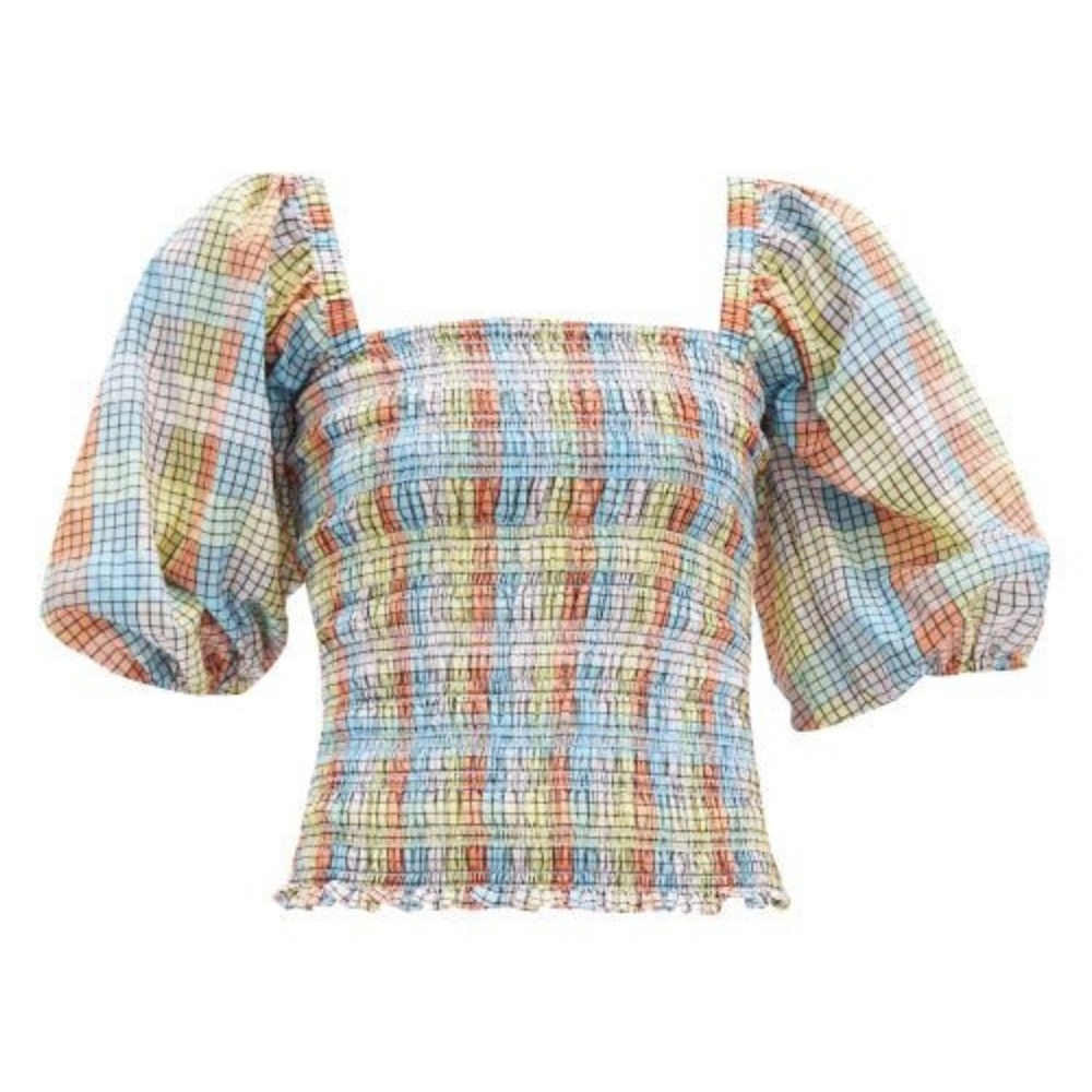 NEW Ganni Seersucker Check Smock Top Multicolor 32